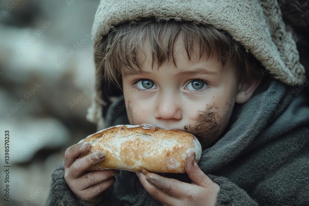 Portrait of a child eating bread with a dreamlike quality amidst a fairytale medieval setting