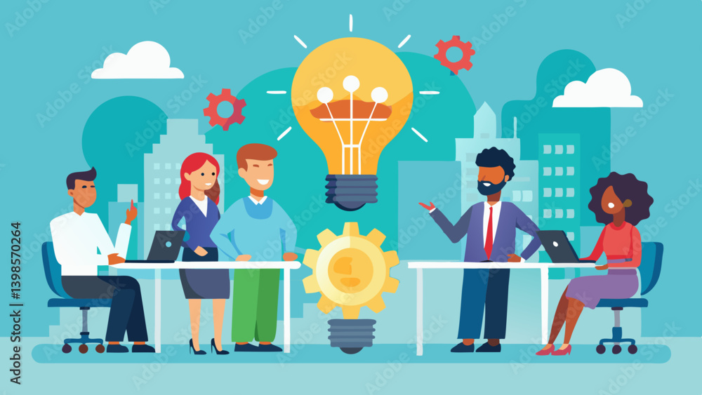 Business team brainstorming with lightbulb and gears in a modern office environment setting scene Business team brainstorming with lightbulb and gears in a modern office environment setting scene