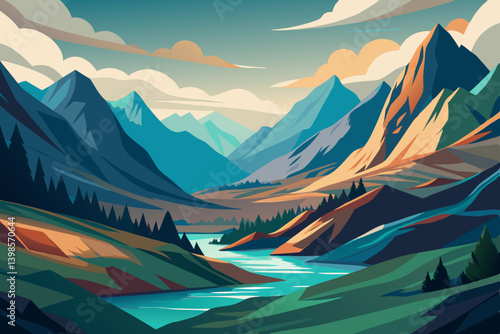 A stylized landscape illustration featuring mountains river and sky in a geometric style art