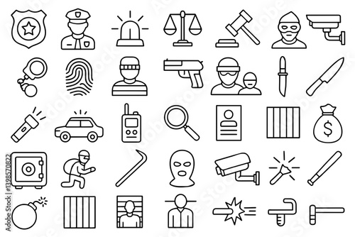 Police and crime line icons collection in flat design with unique outlines