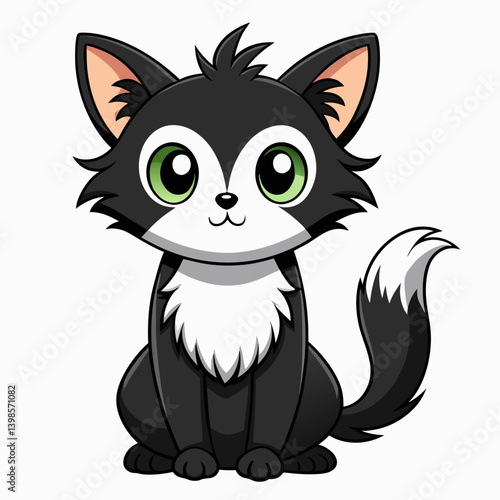 Illustration of a cartoon black and white cat with green eyes sitting and looking forward nicely drawn