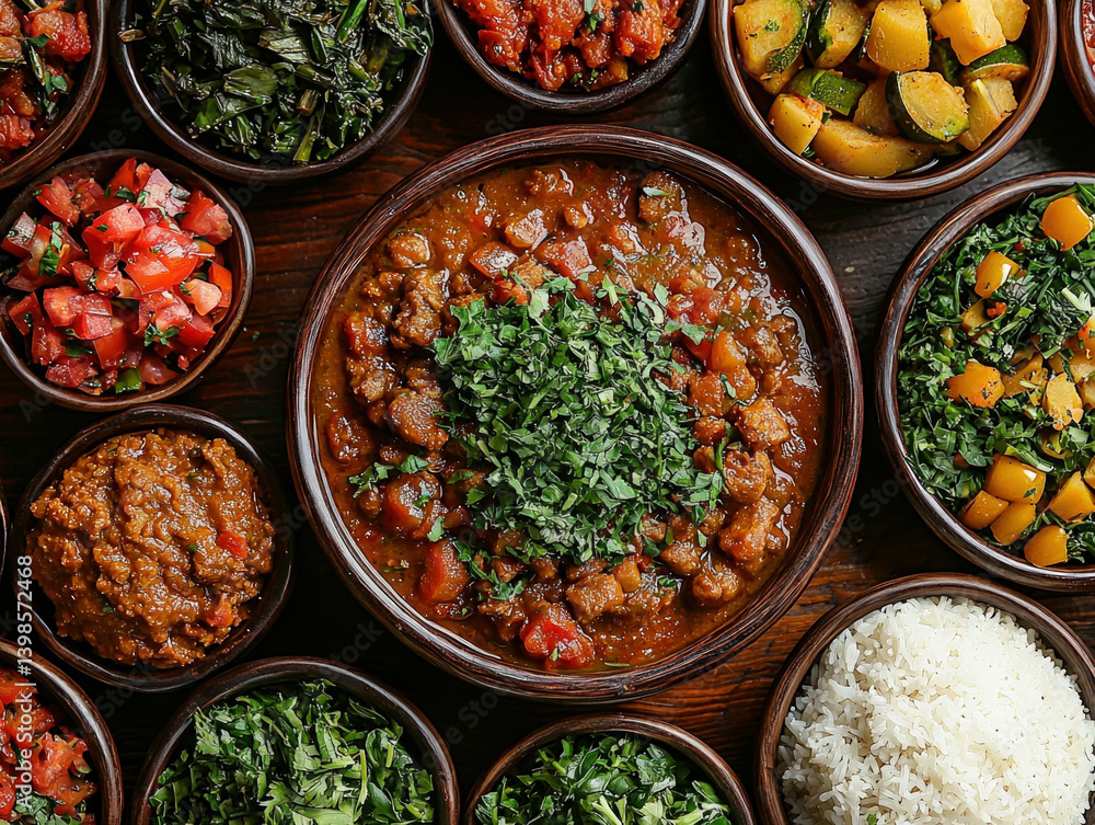 A traditional Zambian meal featuring nshima served with vegetables and meats