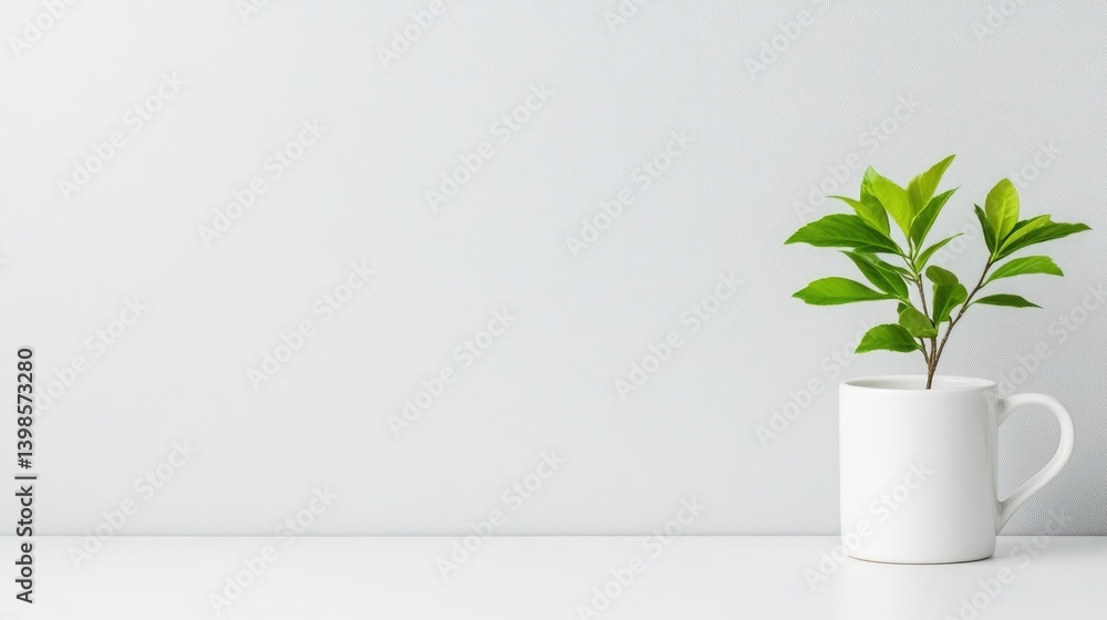 A small green plant growing in a white mug on a minimalist shelf against a light grey wall, and indoor gardening concept with natural light. A small green plant growing in a white mug on a minimalist shelf against a light grey wall, and indoor gardening concept with natural light.