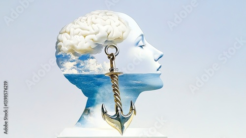 Serene mind, anchored in calm.  A conceptual image blending brain, ocean, and anchor.