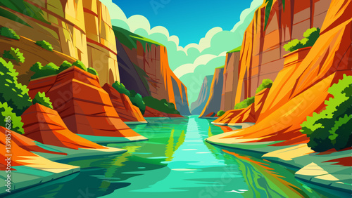 Glowing cartoon cove river scene landscape, narrow bay with orange cliffs and bright green water