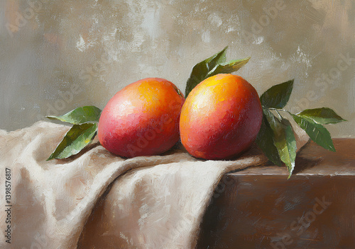 Oil Painting of Two Vibrant Red Mangos on Draped Brown Cloth with Leaves, Centered on Wooden Surface