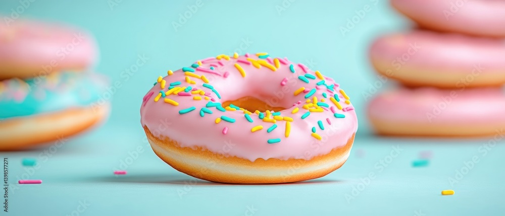 Vibrant Pink Frosted Donut with Colorful Sprinkles Against Blue Background Vibrant Pink Frosted Donut with Colorful Sprinkles Against Blue Background
