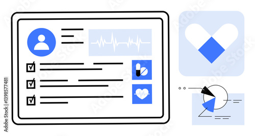 Digital profile with user data, checklist, vital sign graph, and medicine icons. Ideal for healthcare, medical apps, telemedicine, data analysis, patient management hospital systems flat simple