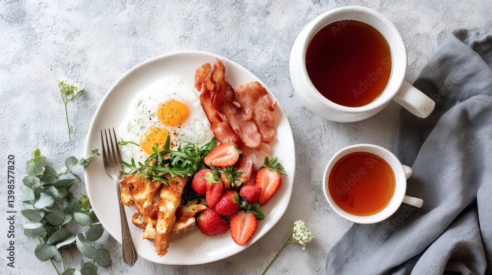 Enjoy a full English breakfast featuring crispy bacon, sunny-side-up eggs, and toast arranged neatly on a white plate Enjoy a full English breakfast featuring crispy bacon, sunny-side-up eggs, and toast arranged neatly on a white plate