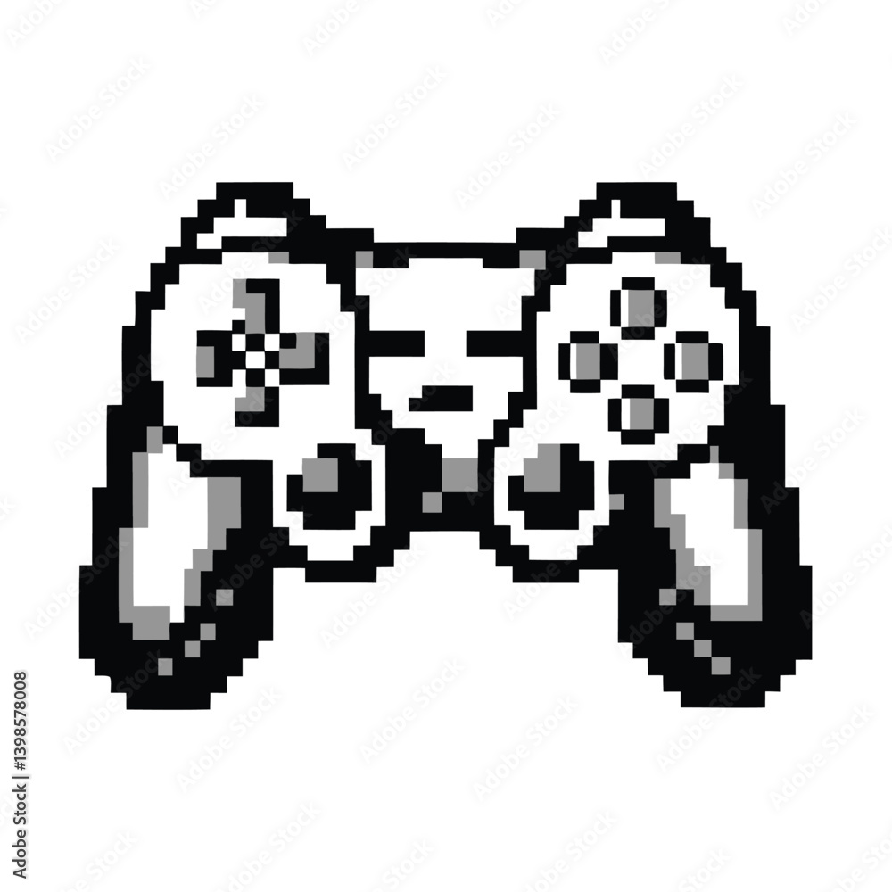 Fototapeta premium Pixelated Video Game Controller, Monochrome Classic Design, Isolated Retro Console, 8bit