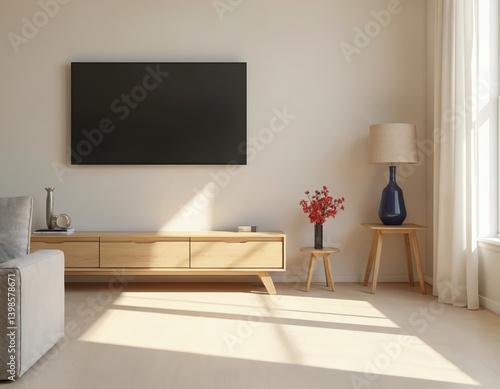 Minimalist modern living room interior design with TV screen, sofa, wooden furniture, table and flowers. Bright light from window. Apartment house interior decor. Scandinavian style design.