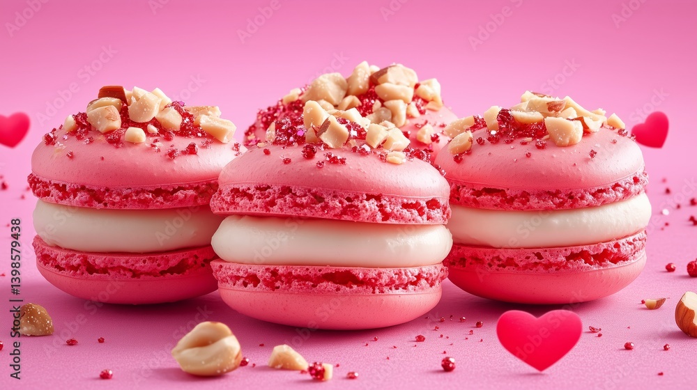 Valentine's Day macrons with red and pink cream, white chocolate filling, and hazelnuts on top. 14 Valentine's Day macrons with red and pink cream, white chocolate filling, and hazelnuts on top. 14