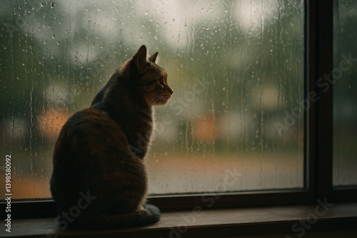 Cat Sitting by the Window While Rain Falls Outside During a Cloudy Afternoon