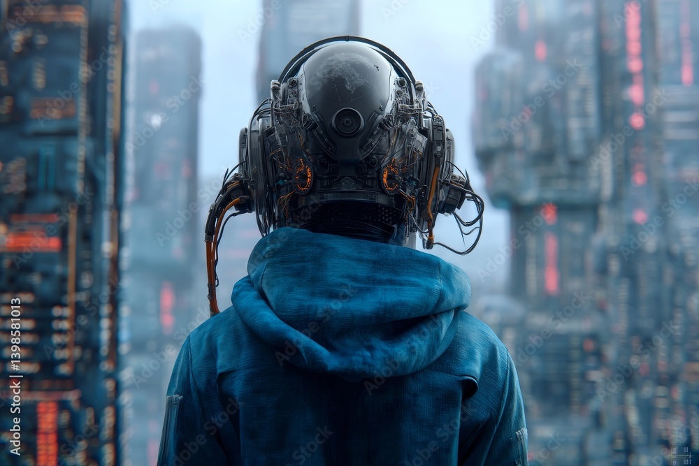 A boy in cyberpunk armor gazes at a futuristic cityscape under an overcast sky with neon lights A boy in cyberpunk armor gazes at a futuristic cityscape under an overcast sky with neon lights