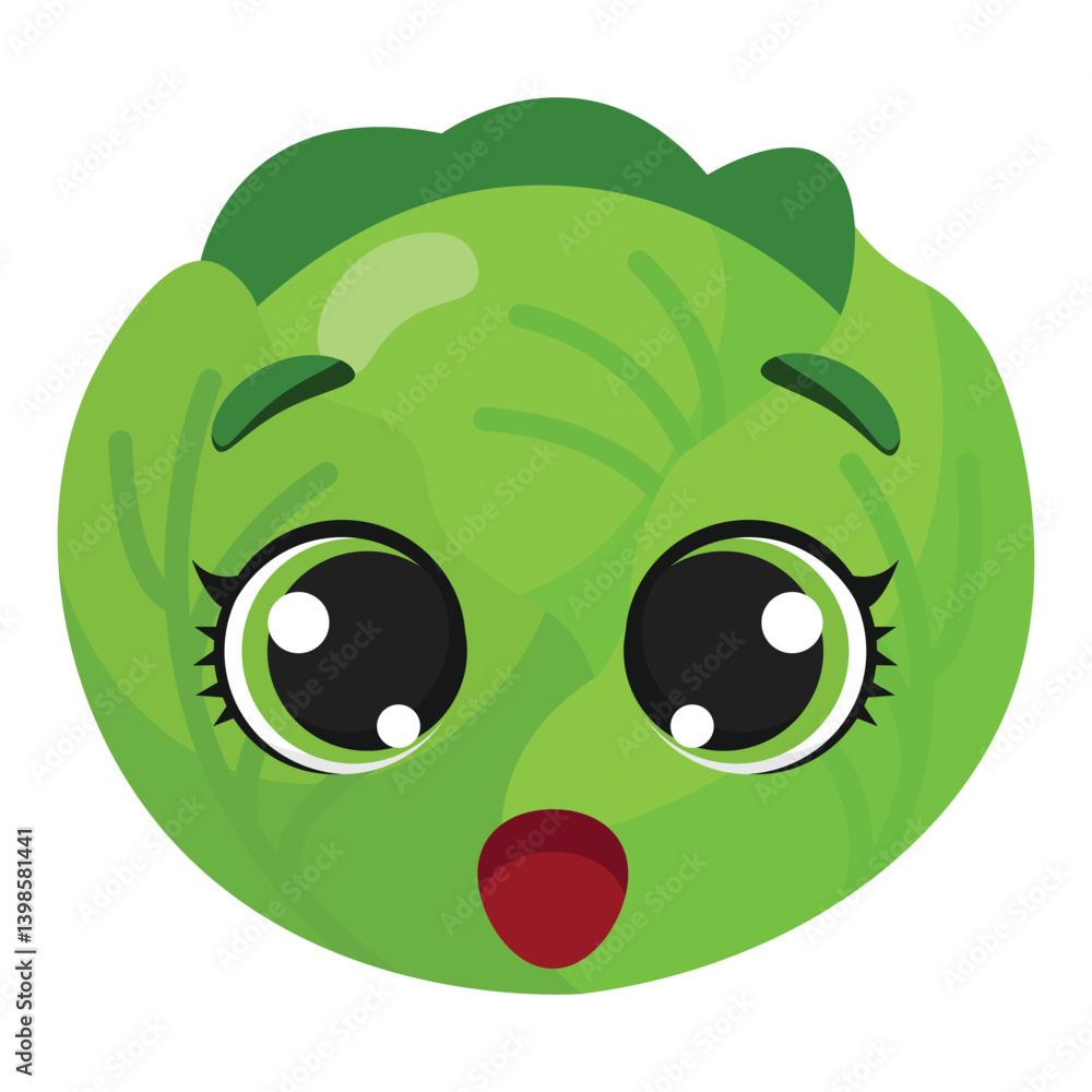Green cabbage with surprised face expression Fun and expressive food character ideal for healthy lifestyle content, educational visuals, or emotional design elements Green cabbage with surprised face expression Fun and expressive food character ideal for healthy lifestyle content, educational visuals, or emotional design elements