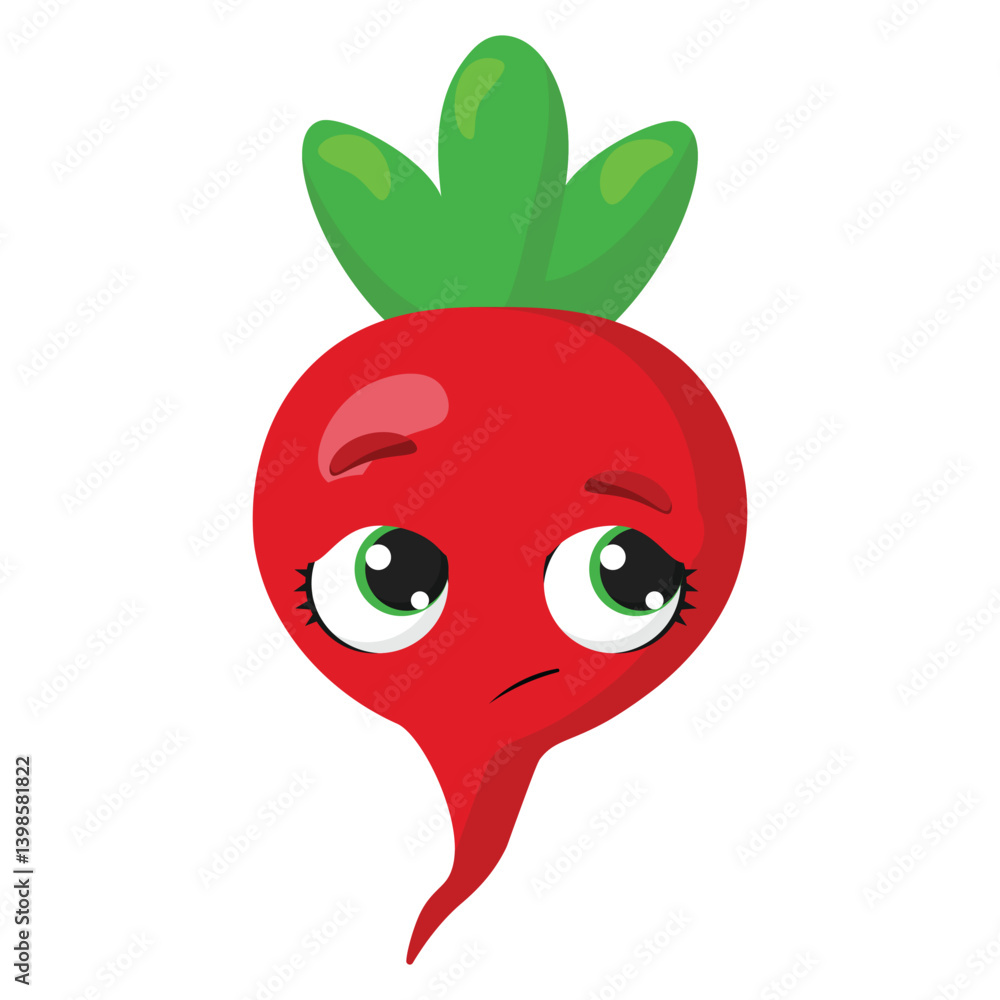 Obraz premium Cute red radish with a sad expression and green leaves Ideal for healthy eating designs, farm projects, organic food promotions, and children’s educational materials