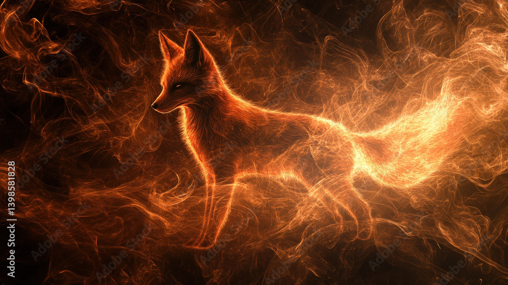 Ethereal Flame Fox Spirit Emerging from Fire and Smoke in a Dark Mystical Fantasy Realm