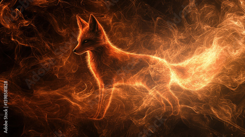 Obraz na płótnie Ethereal Flame Fox Spirit Emerging from Fire and Smoke in a Dark Mystical Fantasy Realm w salonie