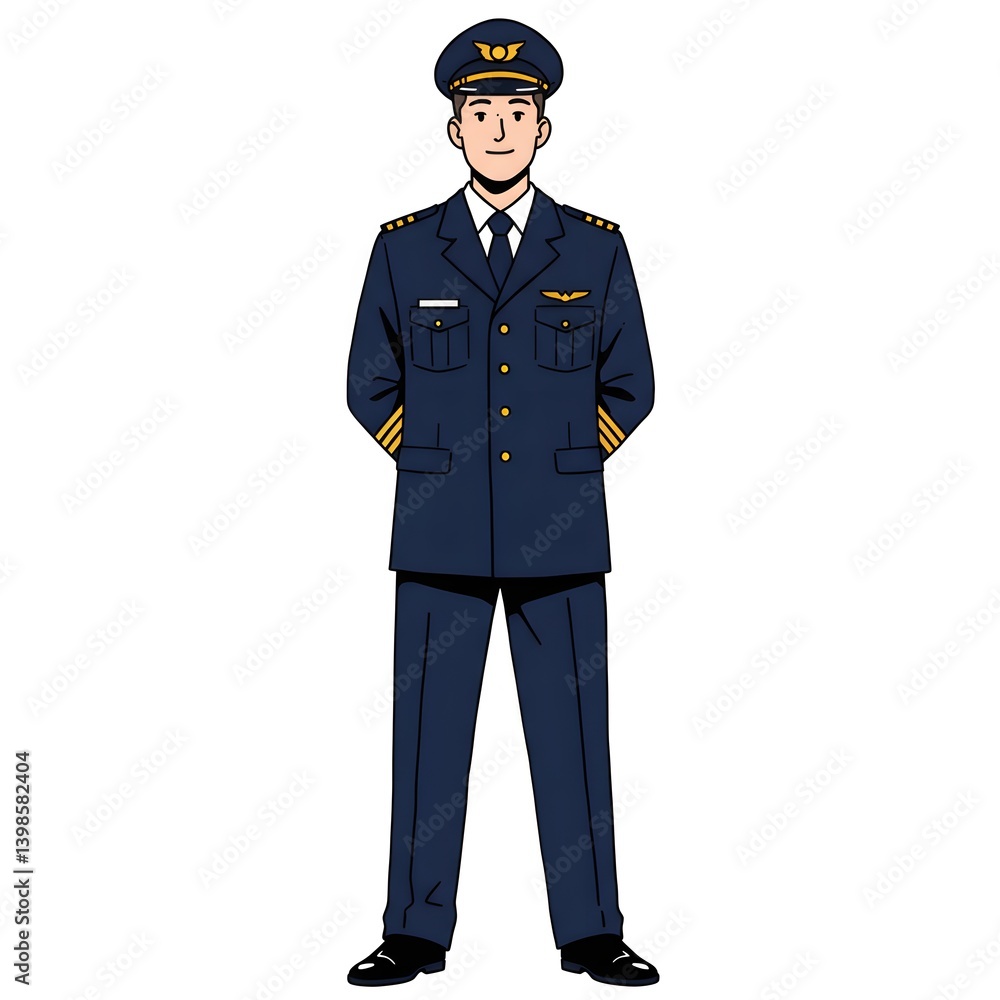 airline pilot in full blue uniform standing with hands behind back - vector illustration for aviation professions airline pilot in full blue uniform standing with hands behind back - vector illustration for aviation professions