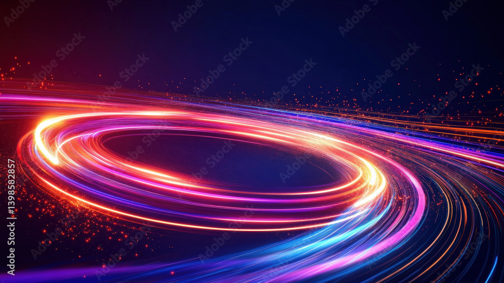 Colorful Neon Light Ring in Motion with Sparks on Dark Digital Futuristic Background