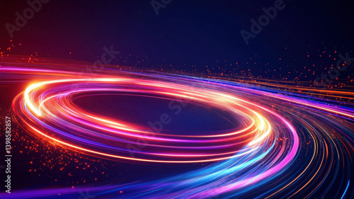 Obraz na płótnie Colorful Neon Light Ring in Motion with Sparks on Dark Digital Futuristic Background
w salonie