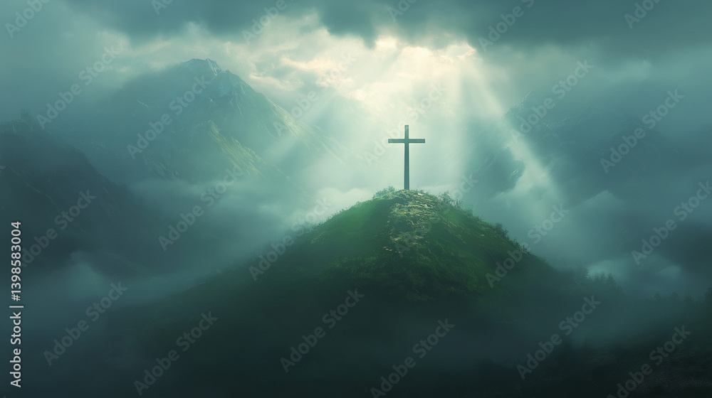 Obraz premium Cross On Hill With Divine Light