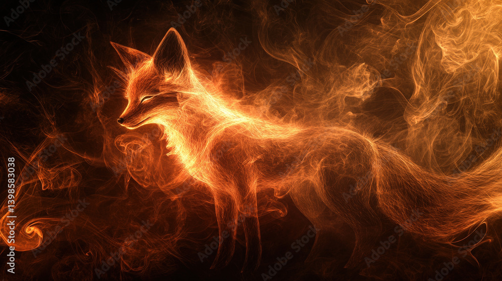 Ethereal Flame Fox Spirit Emerging from Fire and Smoke in a Dark Mystical Fantasy Realm