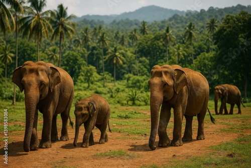 Elephants Roaming in a Lush Green Landscape During an Overcast Afternoon