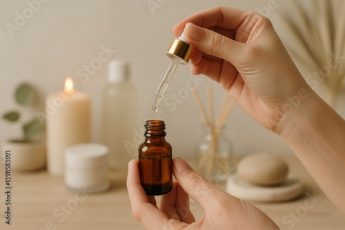 Essential Oil Dropper Being Used Over Amber Bottle With Natural Skincare Prod...