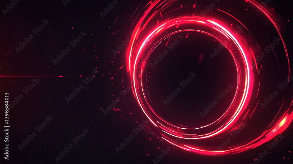 Futuristic glowing red energy ring with sparks on dark background, abstract sci-fi portal digital concept