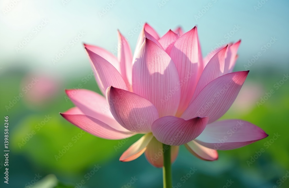 Close-up of blooming pink lotus flower. Tender petals, sunlight, vibrant nature background. Calm zen mood. Symbol of purity, enlightenment in buddhism. Perfect for spa, meditation, wellness concepts. Close-up of blooming pink lotus flower. Tender petals, sunlight, vibrant nature background. Calm zen mood. Symbol of purity, enlightenment in buddhism. Perfect for spa, meditation, wellness concepts.