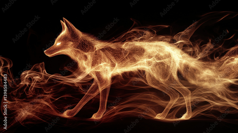 Fiery Spirit Fox Made of Flames and Smoke on Dark Background in Magical Fantasy Style