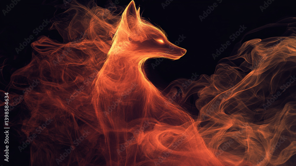 Mystical Fire Fox Spirit Formed from Flames and Smoke on Black Background in Fantasy Style