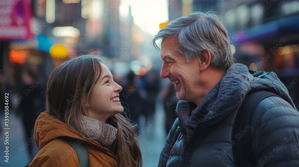 Naklejka premium Father and teenage daughter share joyful moment in busy city