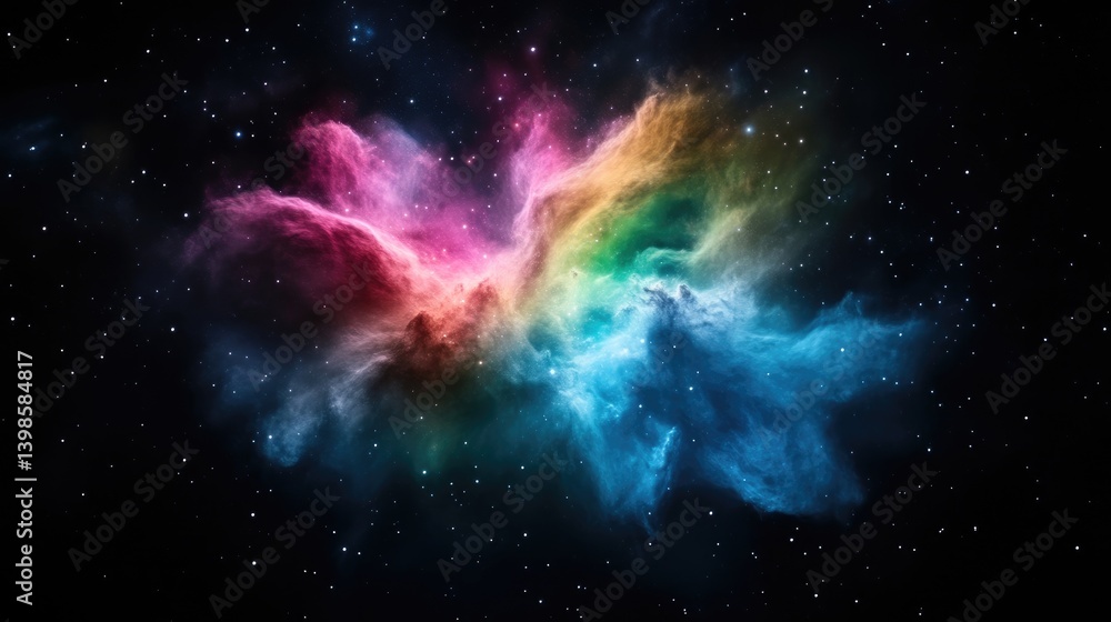 Obraz premium Cosmic nebula explosion in vibrant hues. Colorful swirling clouds of gas and dust against a star-studded night sky