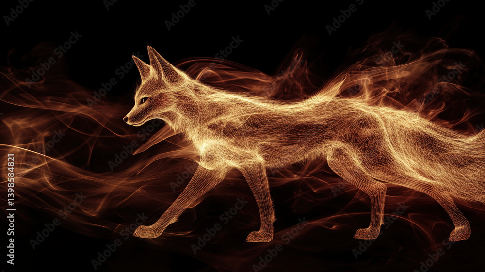Fiery Spirit Fox Made of Flames and Smoke on Dark Background in Magical Fantasy Style