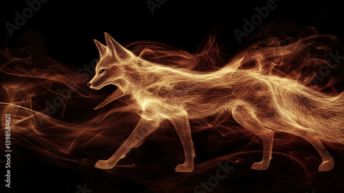 Fiery Spirit Fox Made of Flames and Smoke on Dark Background in Magical Fantasy Style

