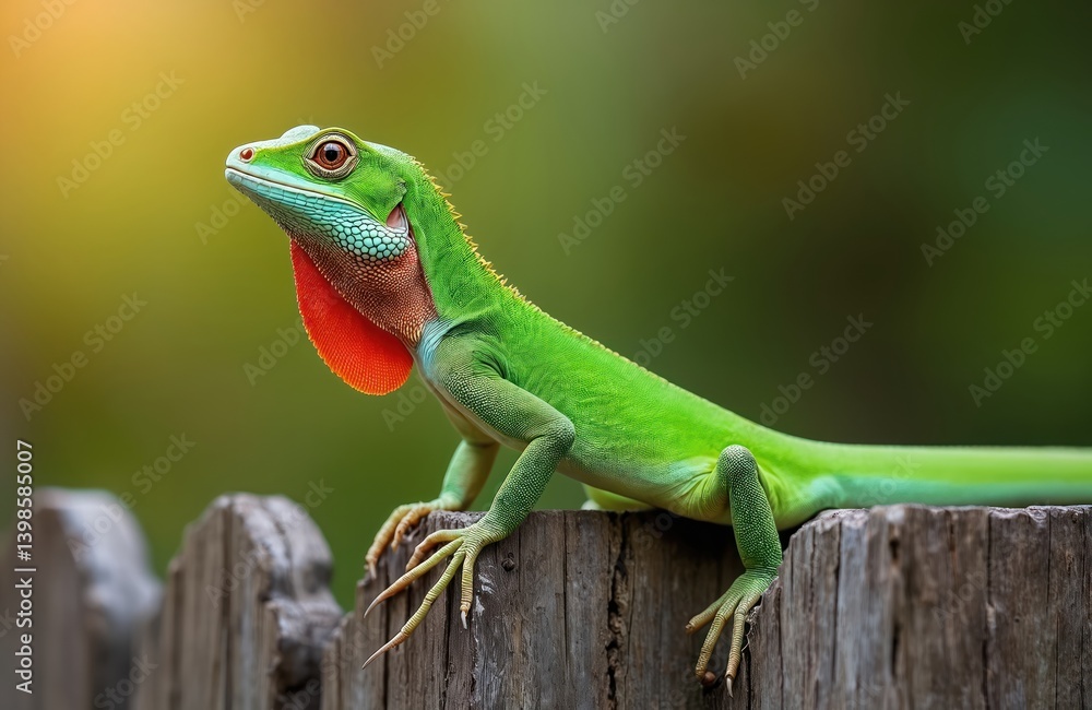 Adult male Green Anole lizard on a wooden fence, showing vibrant red dewlap. Florida native reptile in its natural eco habitat environment. Bright green scales contrast against blurred background. Adult male Green Anole lizard on a wooden fence, showing vibrant red dewlap. Florida native reptile in its natural eco habitat environment. Bright green scales contrast against blurred background.