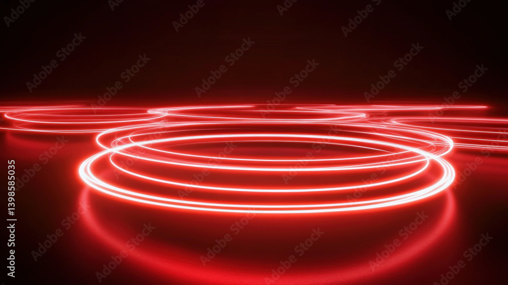 Abstract red neon light circles in motion over dark background with glowing futuristic energy effect
