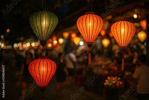 Colorful Lanterns Illuminate a Vibrant Market During a Lively Evening Celebra...