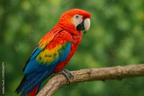 Vibrant Scarlet Macaw Perched on a Branch in Lush Green Surroundings During D...