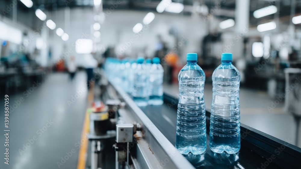 Plastic bottles travel in uniform rows on a conveyor, showcasing efficient production in a clean factory space with machinery in the background Plastic bottles travel in uniform rows on a conveyor, showcasing efficient production in a clean factory space with machinery in the background