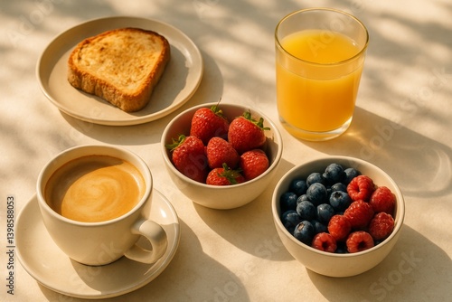 Fresh Breakfast Spread Featuring Toast, Berries, and Juice in Warm Morning Light