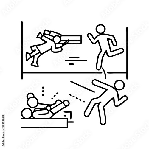 Stick Figures Illustrating Accidents and Injuries in Various Scenarios