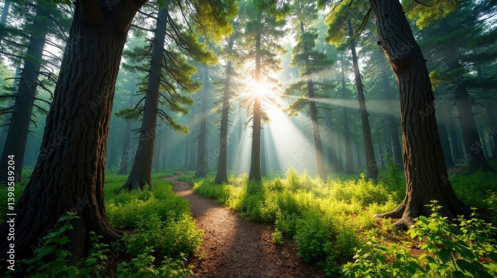 Obraz premium Vibrant Polydendri Forest in Greece, Europe, during midday with hot, sunny summer conditions, captured in a panoramic shot.