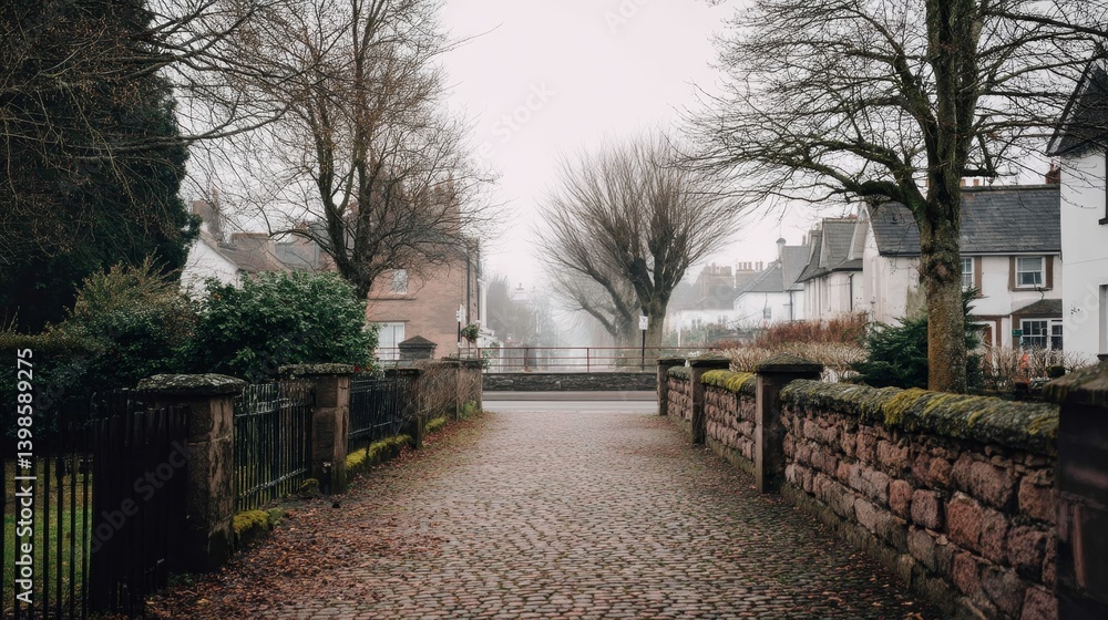 Cobbled lane flanked by mossy stone fences and bare trees fades into soft mist, offering a tranquil and nostalgic experience in a peaceful location Cobbled lane flanked by mossy stone fences and bare trees fades into soft mist, offering a tranquil and nostalgic experience in a peaceful location