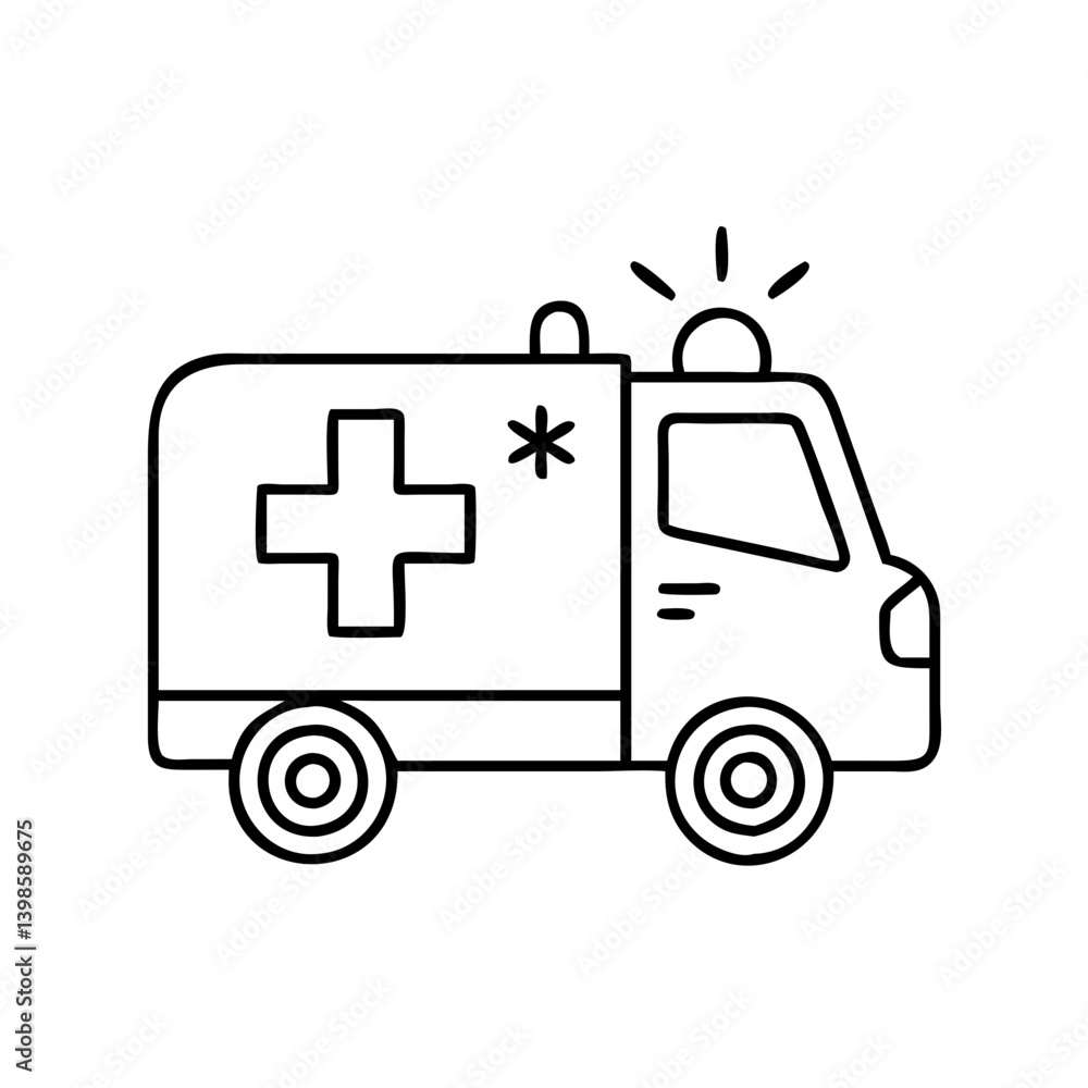 A Simple Line Drawing of an Ambulance with a Red Cross Medical Symbol and Flashing Lights A Simple Line Drawing of an Ambulance with a Red Cross Medical Symbol and Flashing Lights