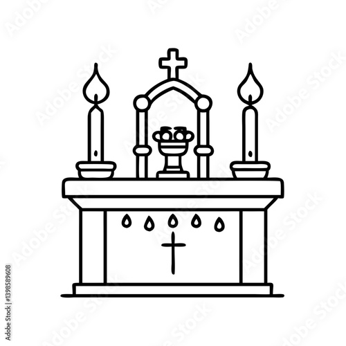 Line Art Illustration of a Christian Altar with Candles and Chalice