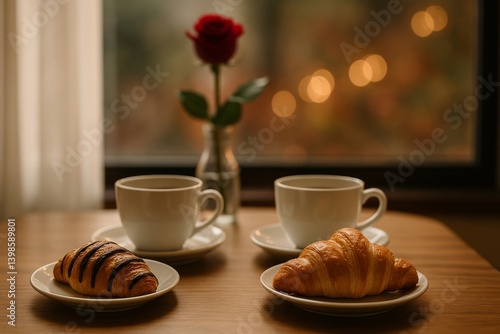 Morning Coffee and Pastries on a Cozy Table With a Rose in a Softly Lit Room