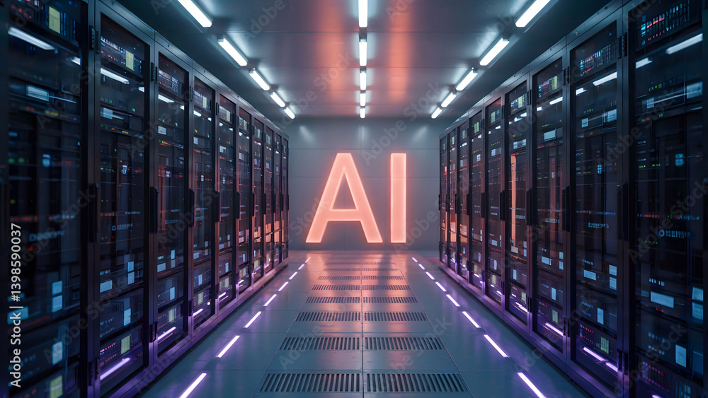Fototapeta premium Futuristic AI Server Room with Symmetrical Rows of Data Racks and Glowing Neon Lights in a Tech-Focused Environment